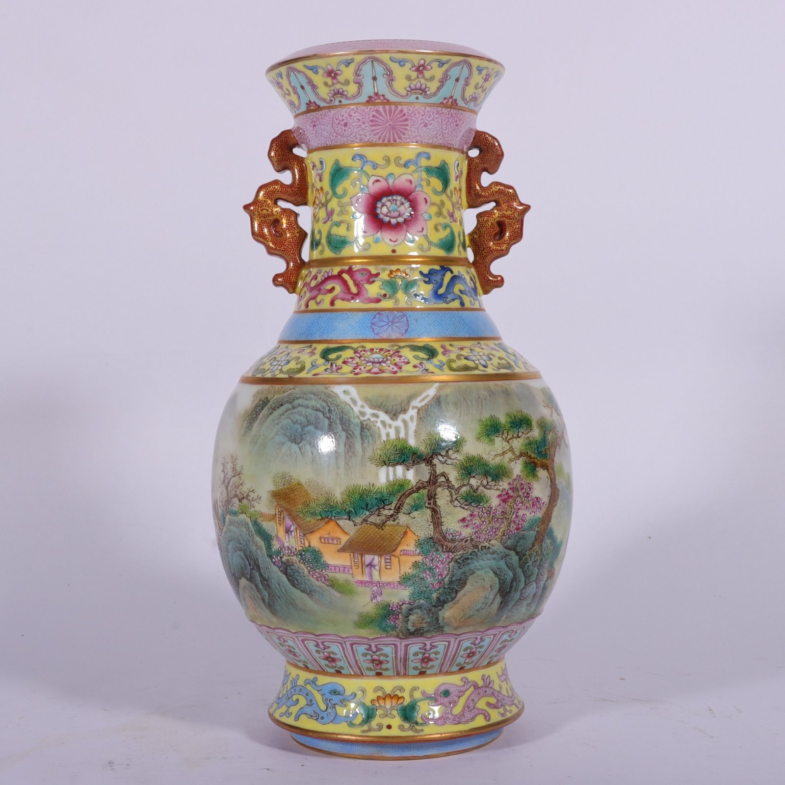 Qing Dynasty Qianlong enamel yellow ground landscape amphora