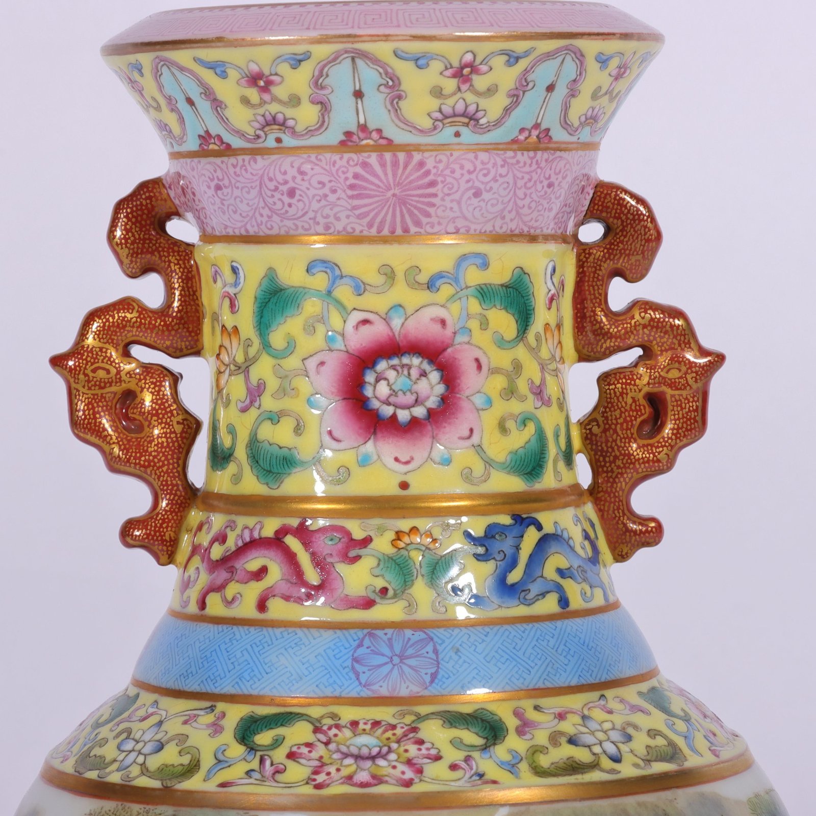 Qing Dynasty Qianlong enamel yellow ground landscape amphora