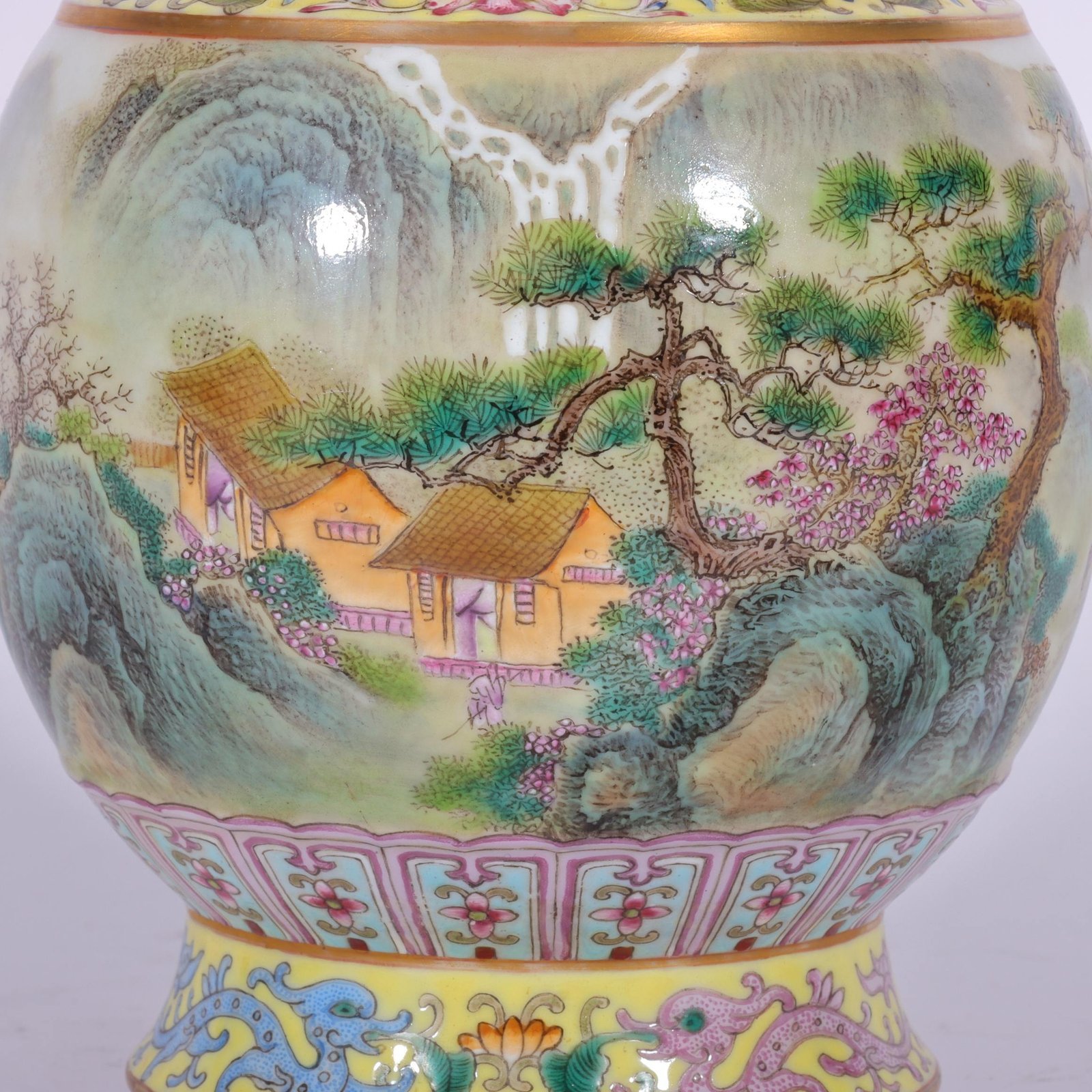 Qing Dynasty Qianlong enamel yellow ground landscape amphora