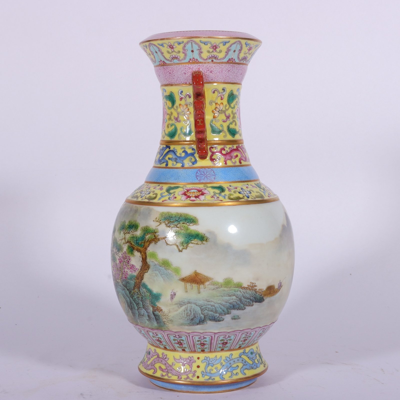 Qing Dynasty Qianlong enamel yellow ground landscape amphora