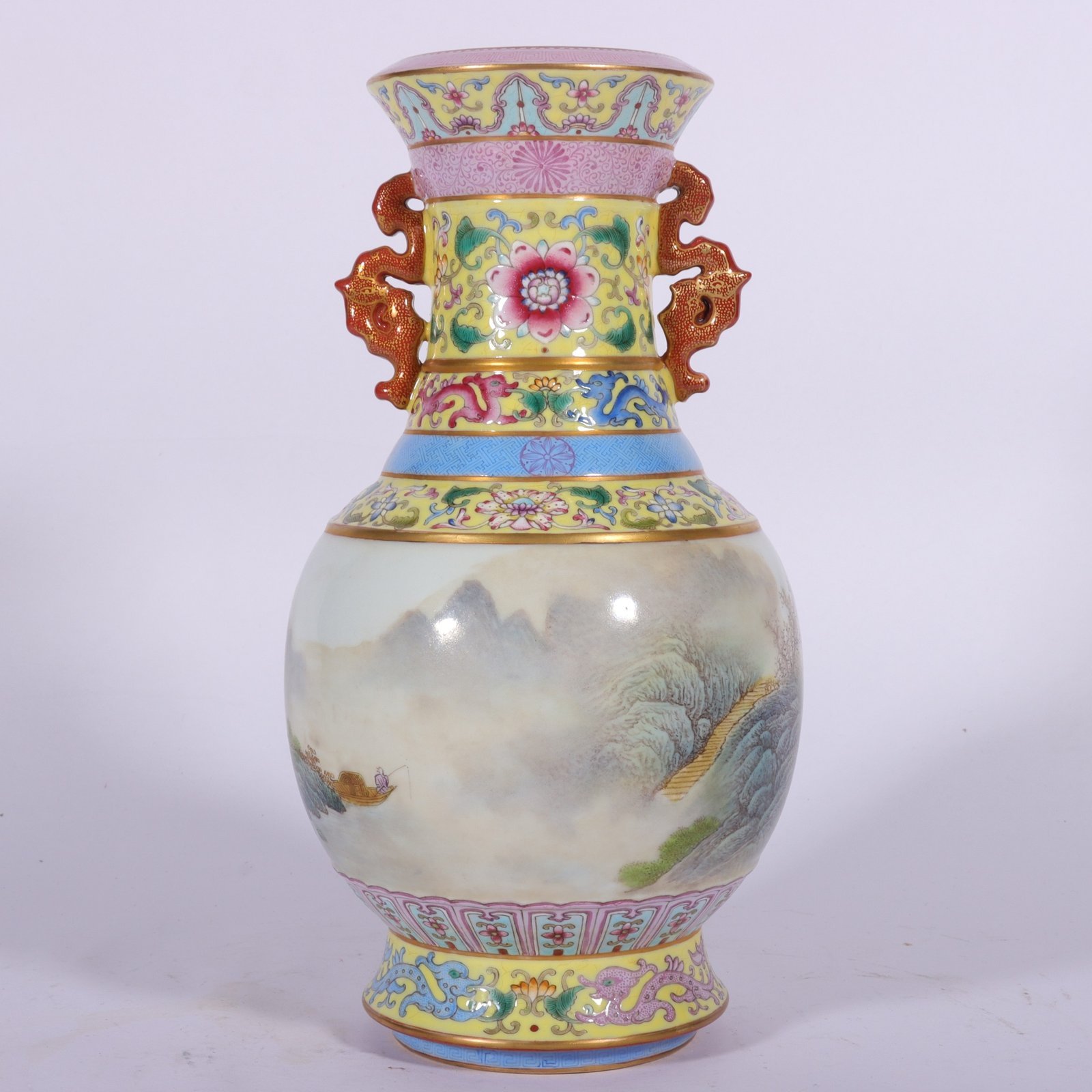 Qing Dynasty Qianlong enamel yellow ground landscape amphora
