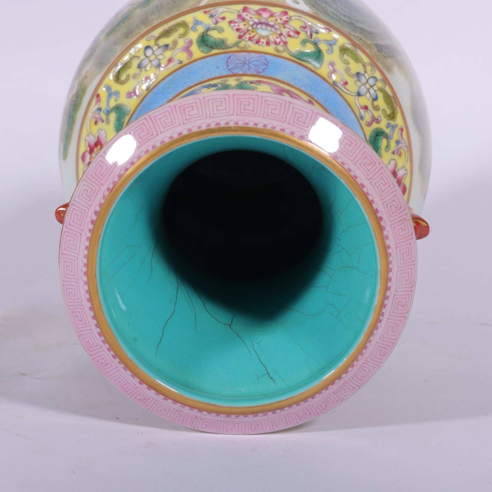 Qing Dynasty Qianlong enamel yellow ground landscape amphora