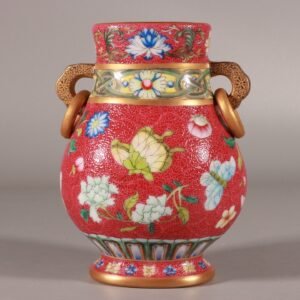 Qing Dynasty Qianlong pastel rouge red rolled butterfly amphora