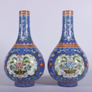 Qing Dynasty Qianlong famille rose blue ground rolled window vase