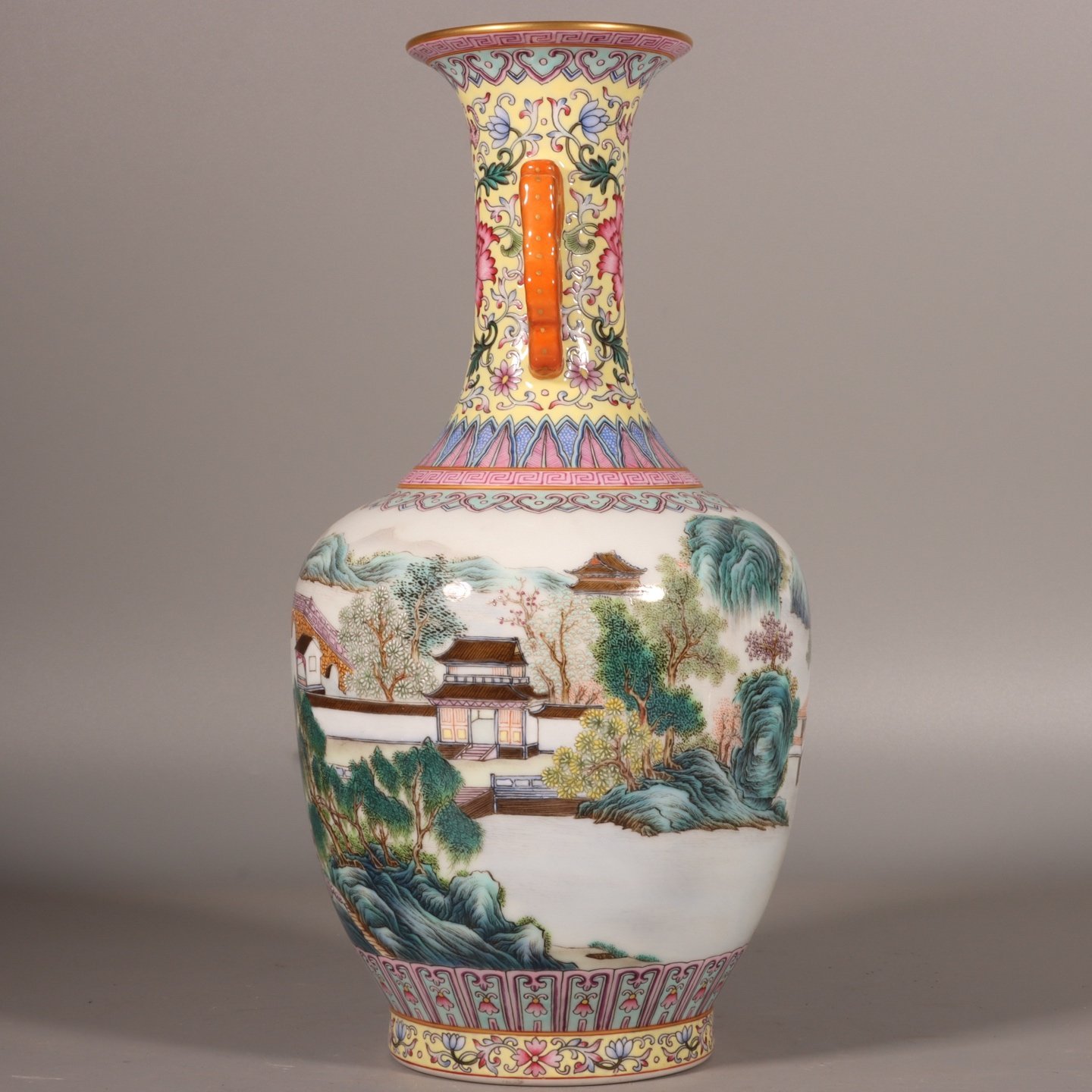 Qing Dynasty Qianlong pastel yellow ground landscape amphora
