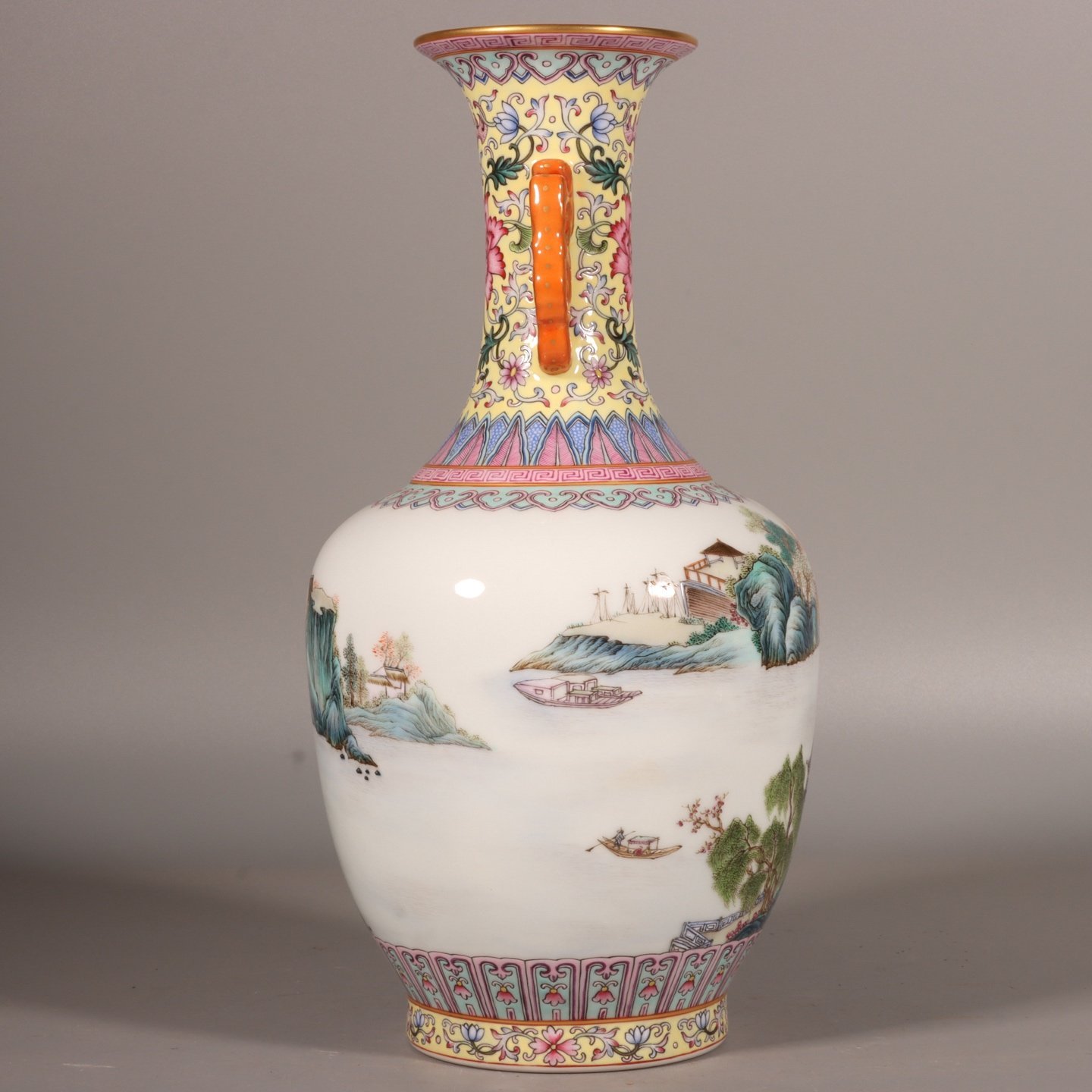 Qing Dynasty Qianlong pastel yellow ground landscape amphora