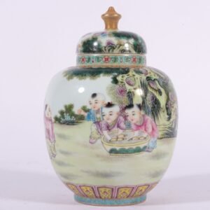Qing Dynasty Qianlong enamel tea caddy with pictures of babies playing