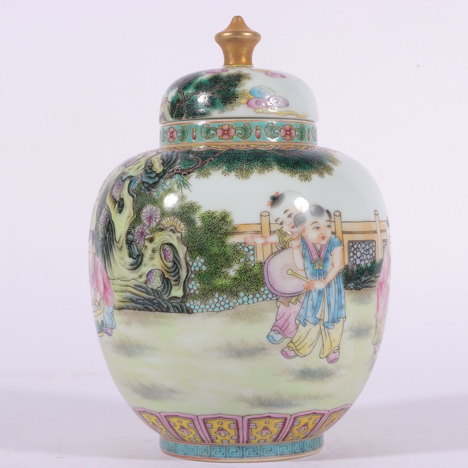 Qing Dynasty Qianlong enamel tea caddy with pictures of babies playing