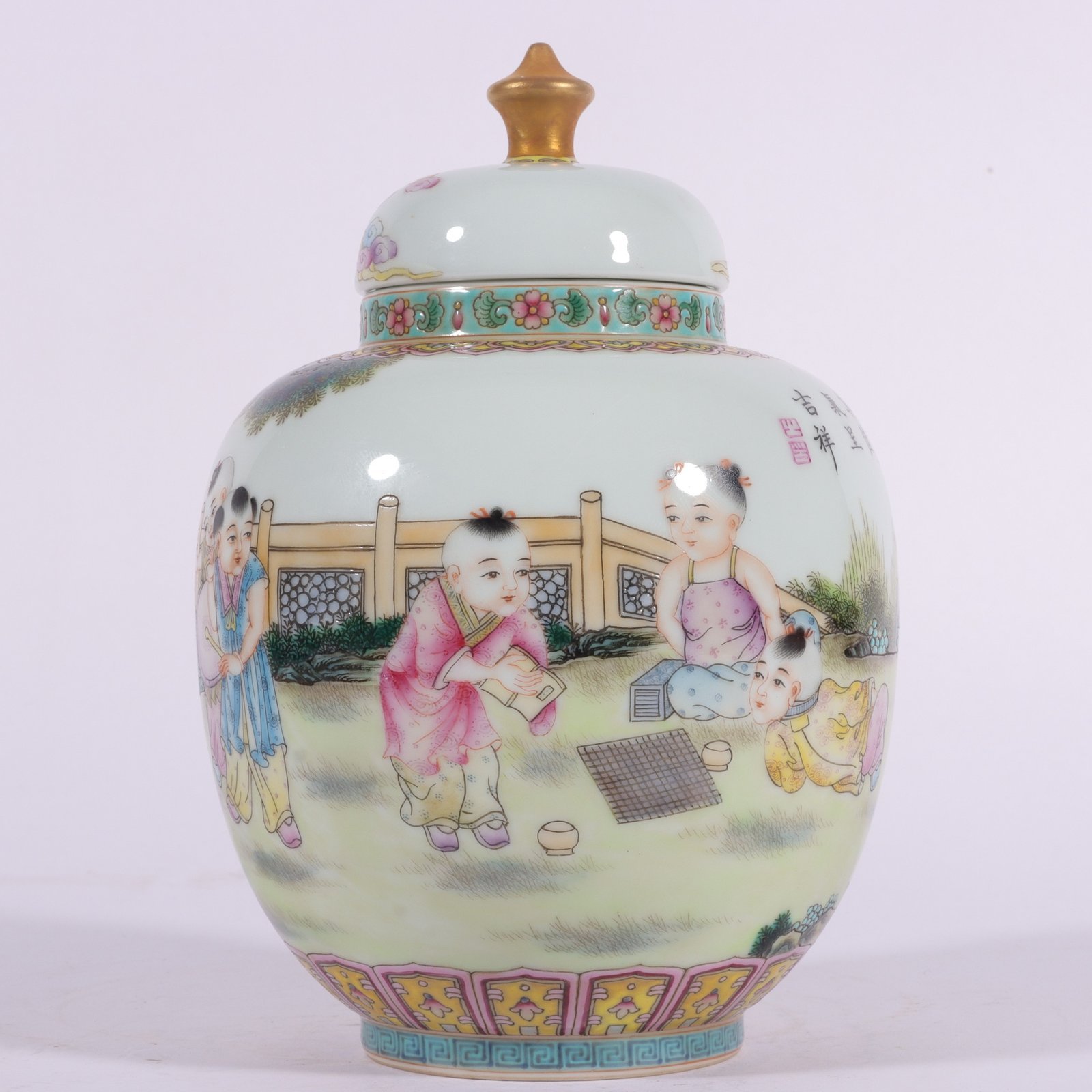 Qing Dynasty Qianlong enamel tea caddy with pictures of babies playing