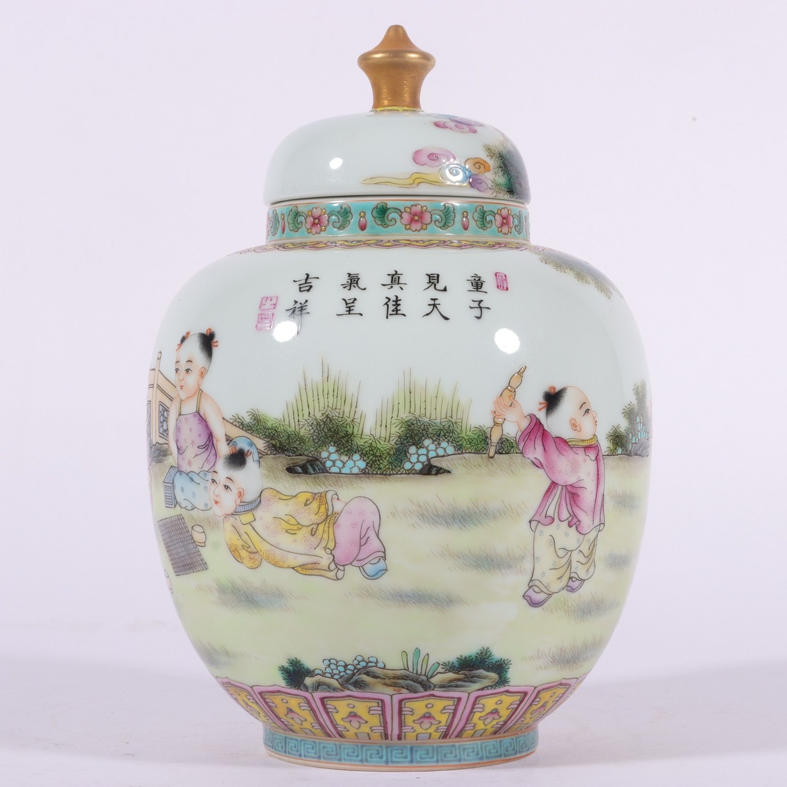 Qing Dynasty Qianlong enamel tea caddy with pictures of babies playing