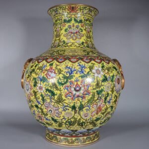 Qing Dynasty Qianlong yellow ground pastel gilded lion-eared vase with lotus flowers