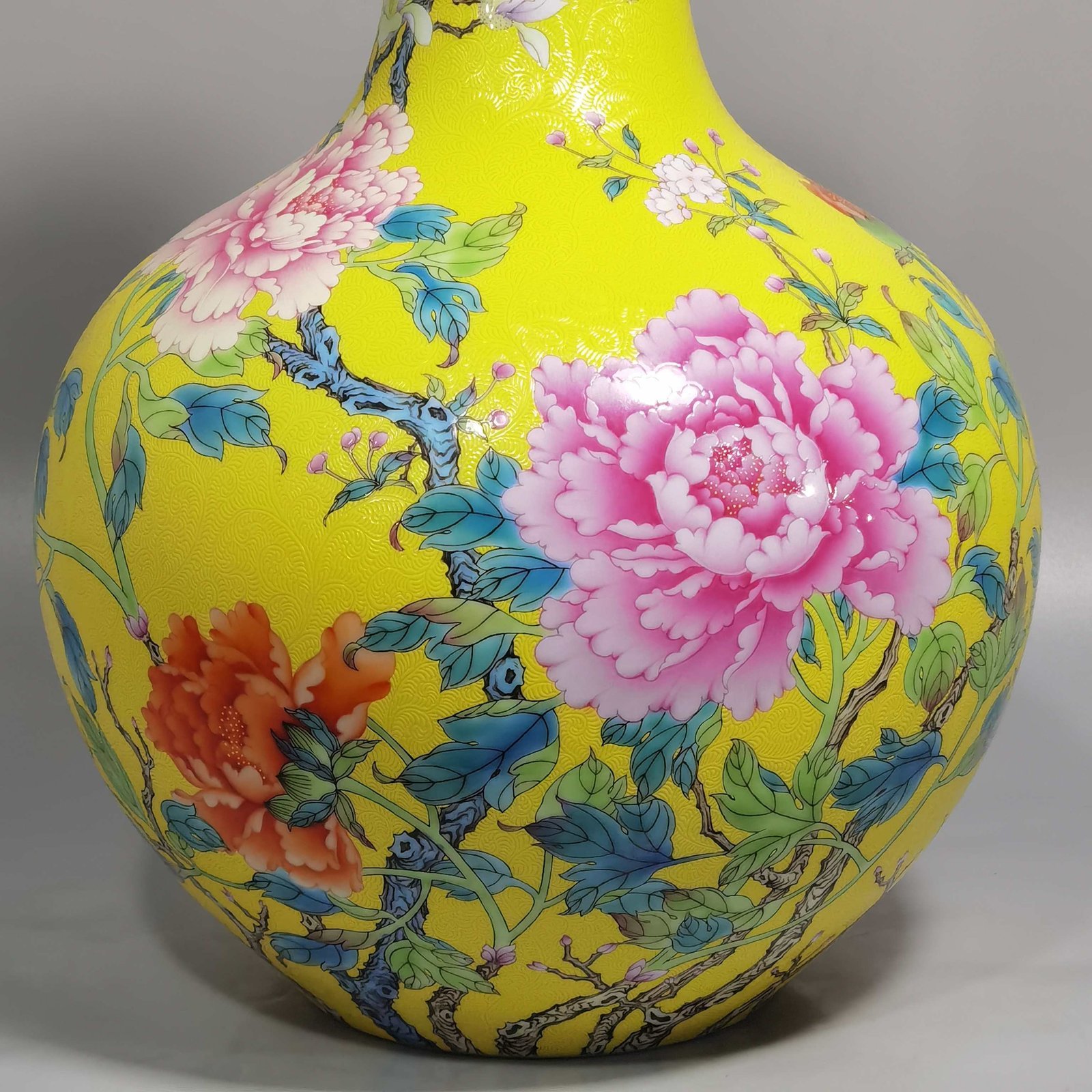 Qing Dynasty Qianlong enamel yellow ground and peony flower celestial vase