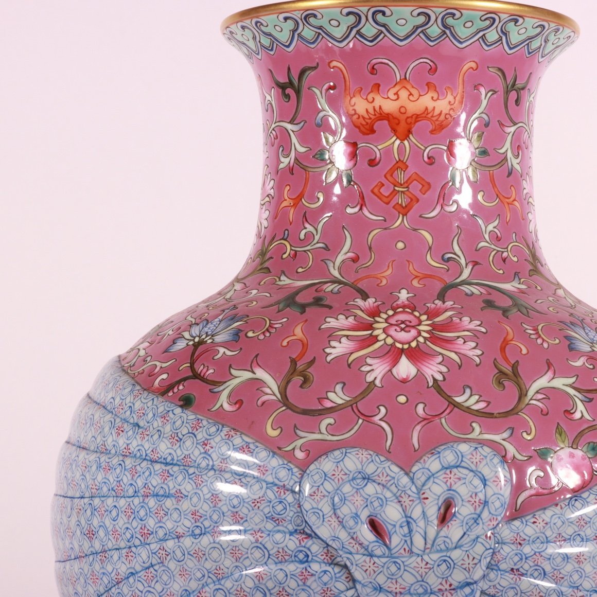 Qing Dynasty Qianlong pastel rouge red ground lotus vase