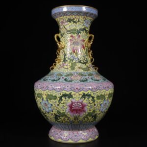 Qing Dynasty Qianlong pastel yellow ground lotus amphora