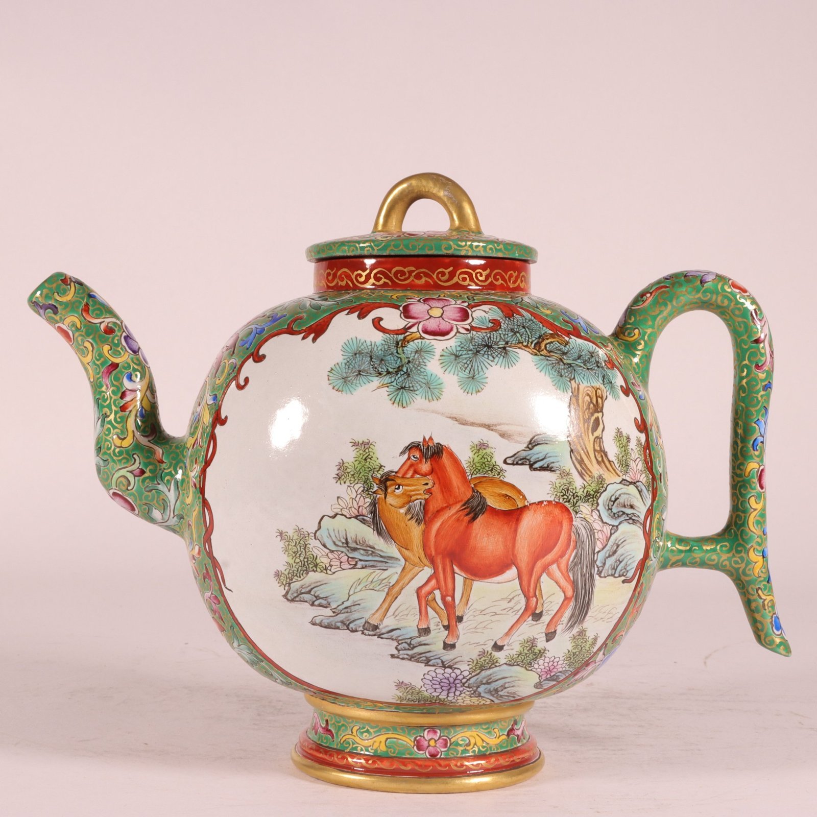 Qing Dynasty Qianlong purple and colored green ground painted horse pot