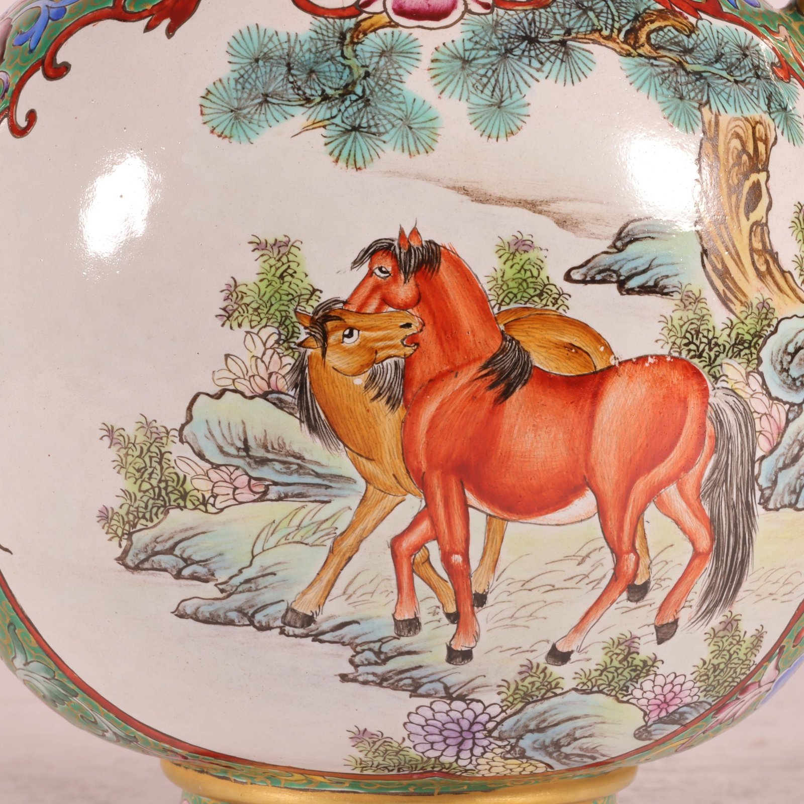Qing Dynasty Qianlong purple and colored green ground painted horse pot