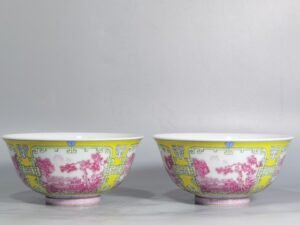 Qing Dynasty Qianlong pair of enamel windowed gate red and scape figure bowls