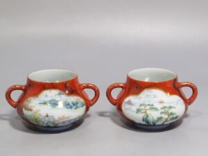 Qing Dynasty Qianlong wood grain glazed windowed pastel and scape figure double-eared incense burner