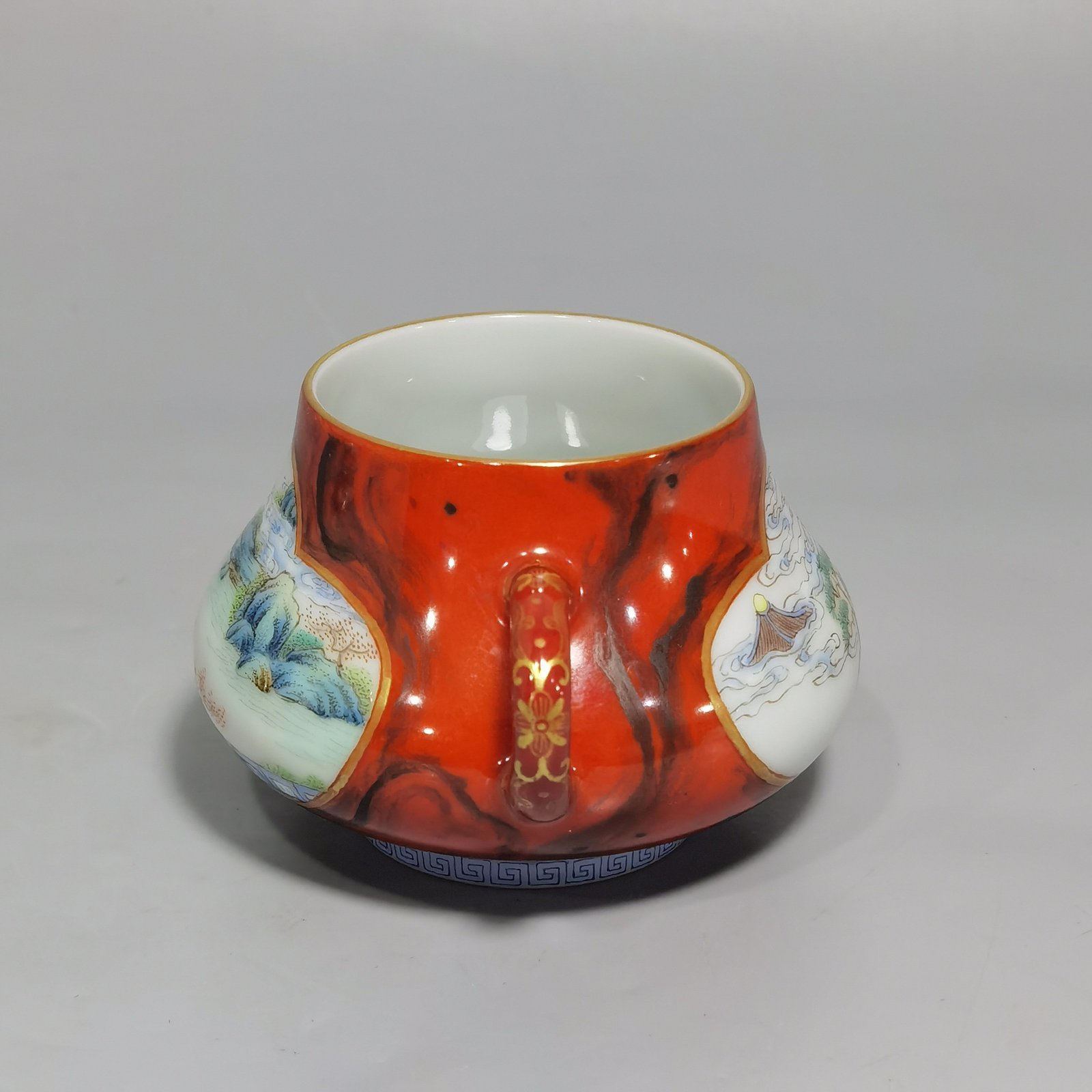 Qing Dynasty Qianlong wood grain glazed windowed pastel and scape figure double-eared incense burner