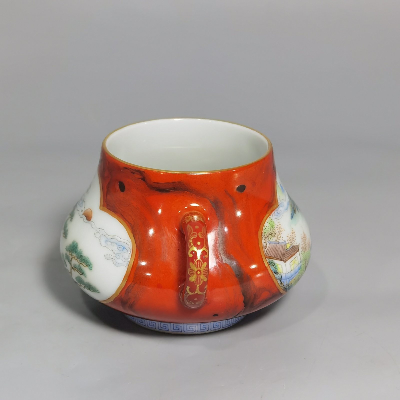 Qing Dynasty Qianlong wood grain glazed windowed pastel and scape figure double-eared incense burner