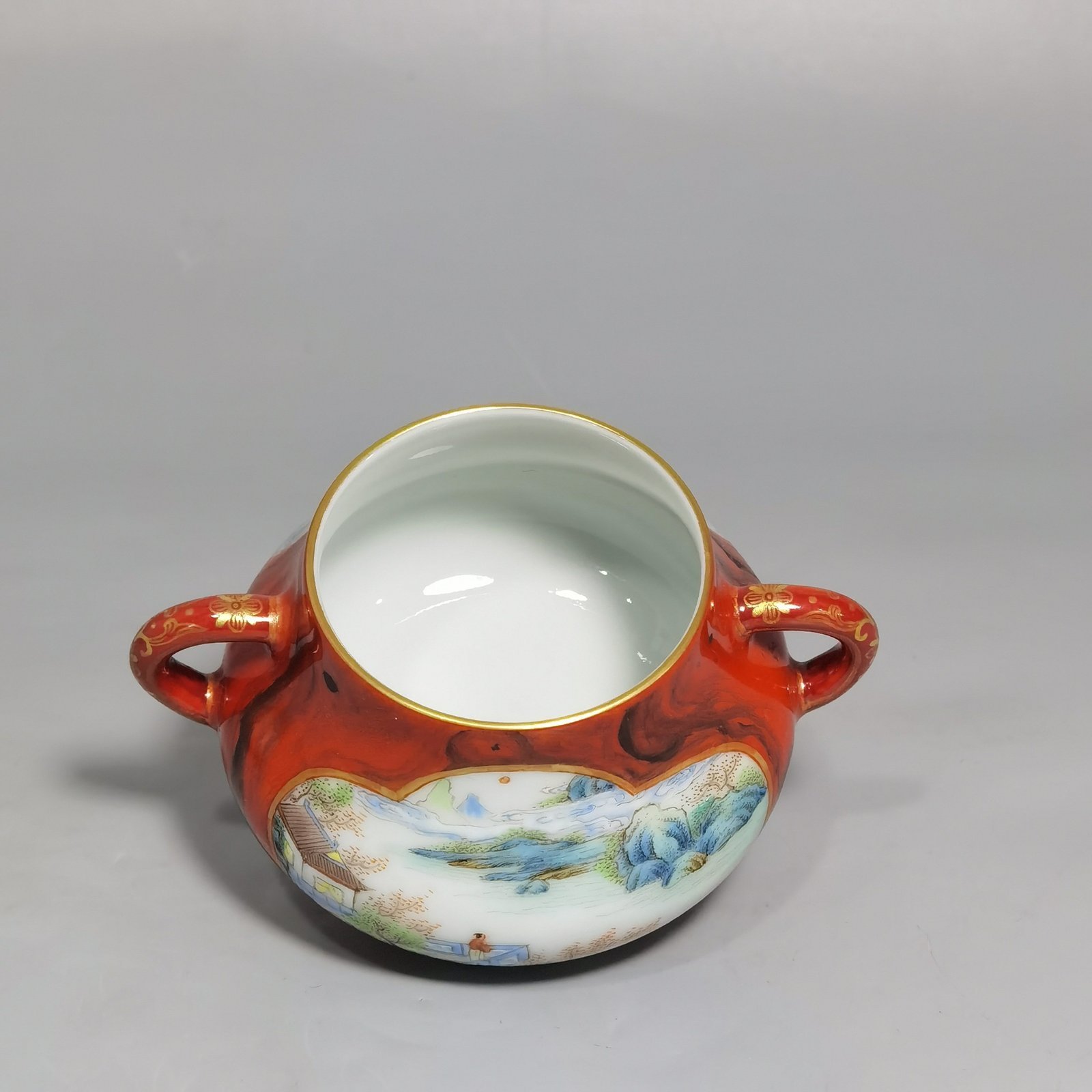 Qing Dynasty Qianlong wood grain glazed windowed pastel and scape figure double-eared incense burner
