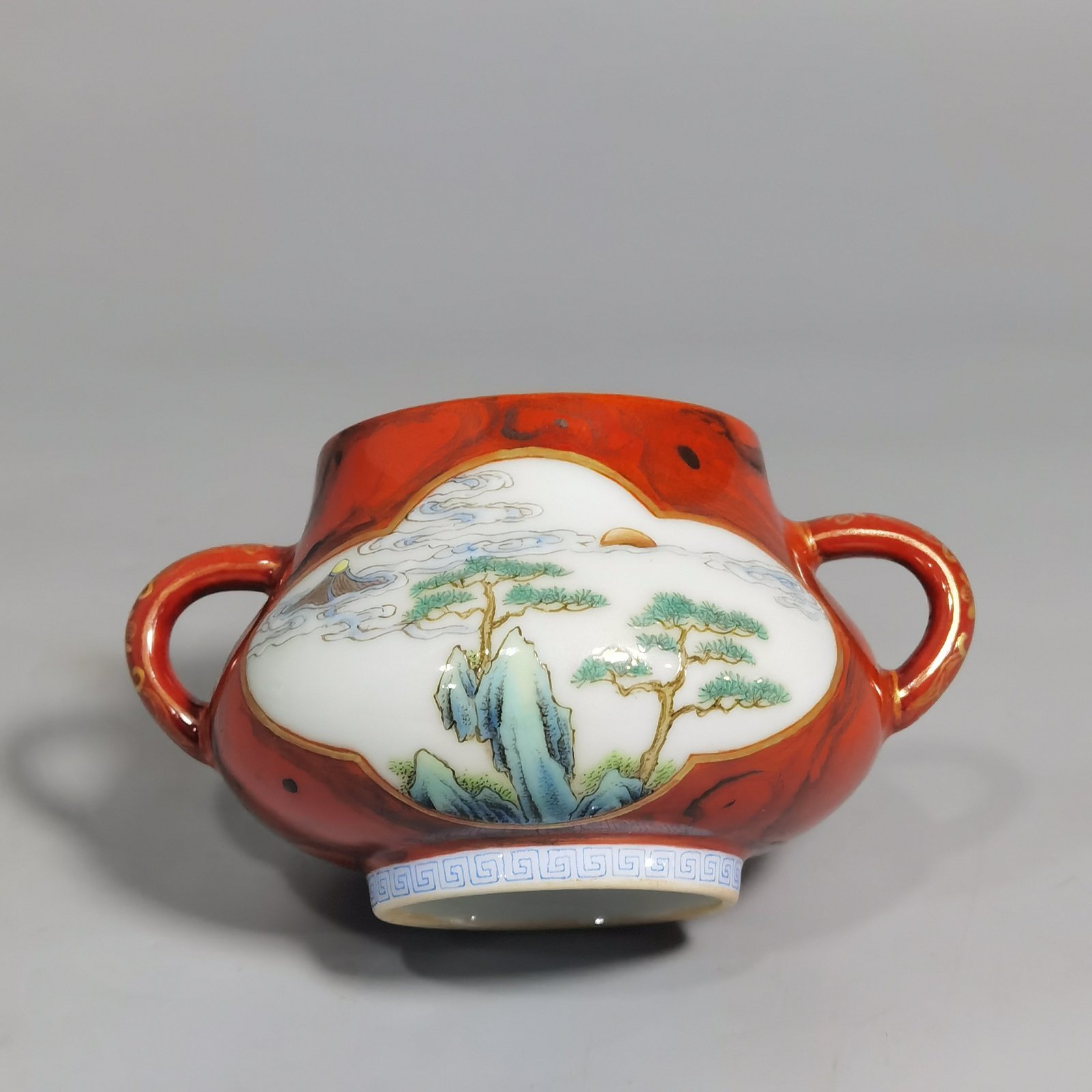 Qing Dynasty Qianlong wood grain glazed windowed pastel and scape figure double-eared incense burner