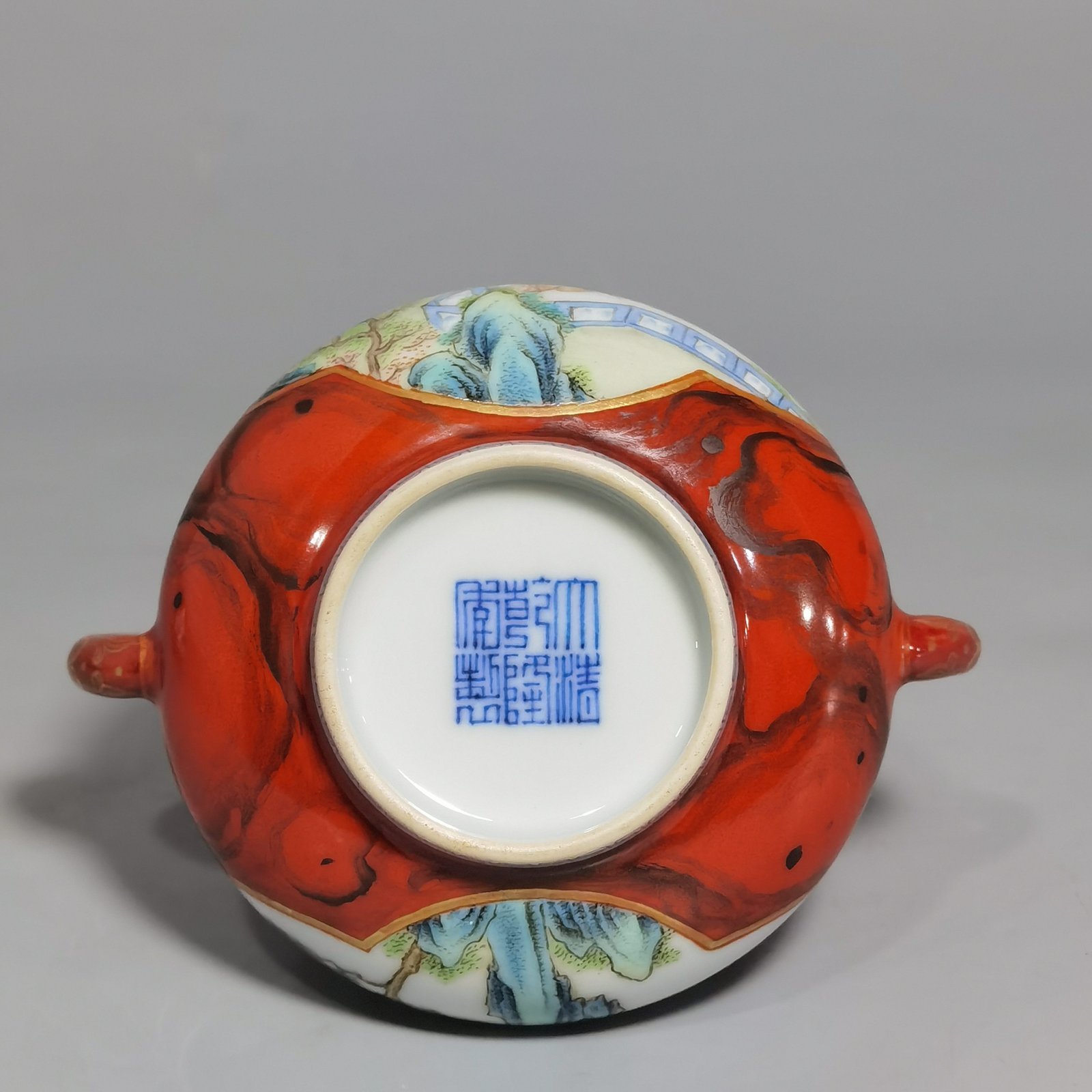 Qing Dynasty Qianlong wood grain glazed windowed pastel and scape figure double-eared incense burner