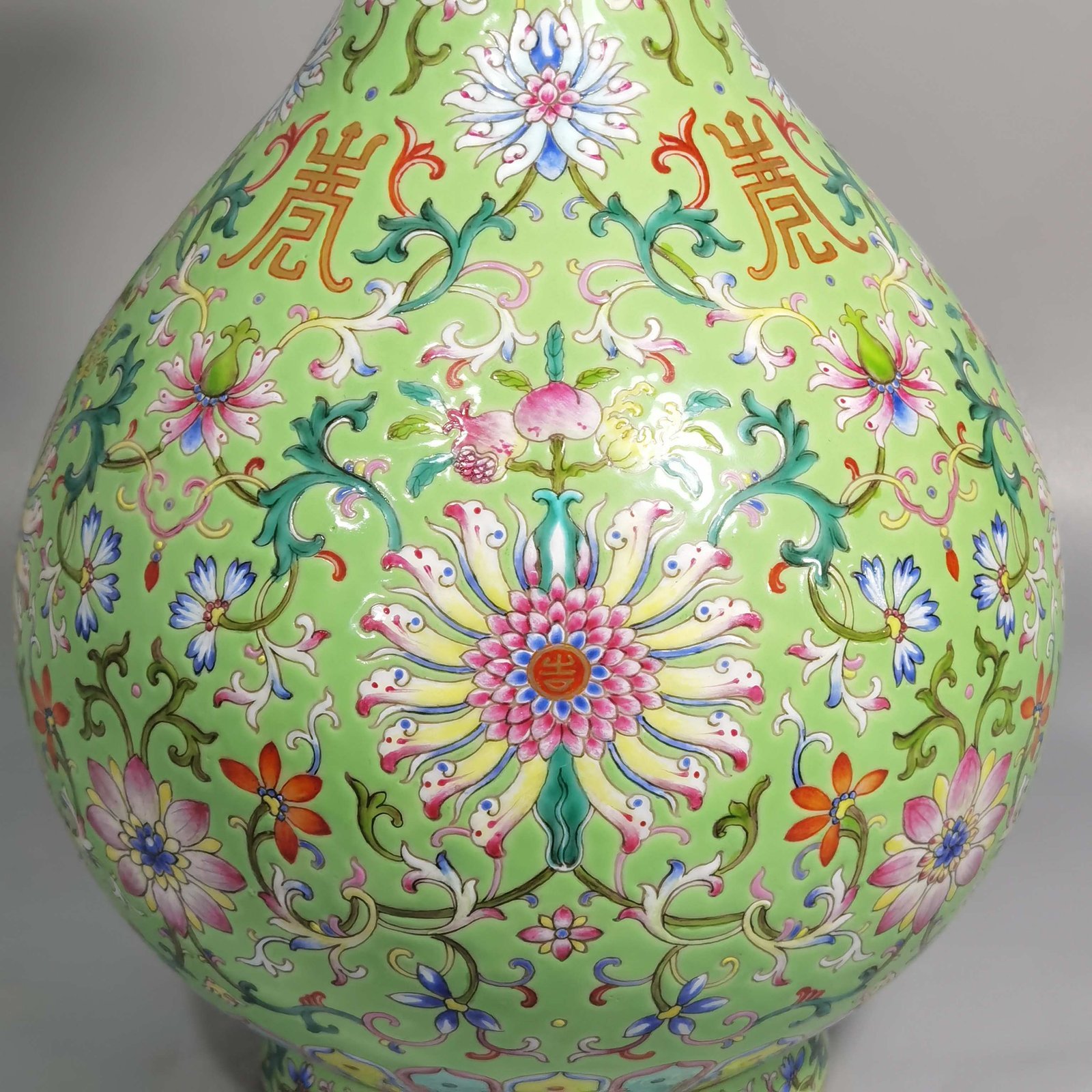 Qing Dynasty Qianlong turquoise green and pastel blessing and longevity vase