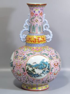 Qing Dynasty Qianlong pink ground passion flower pattern window and scape mphora