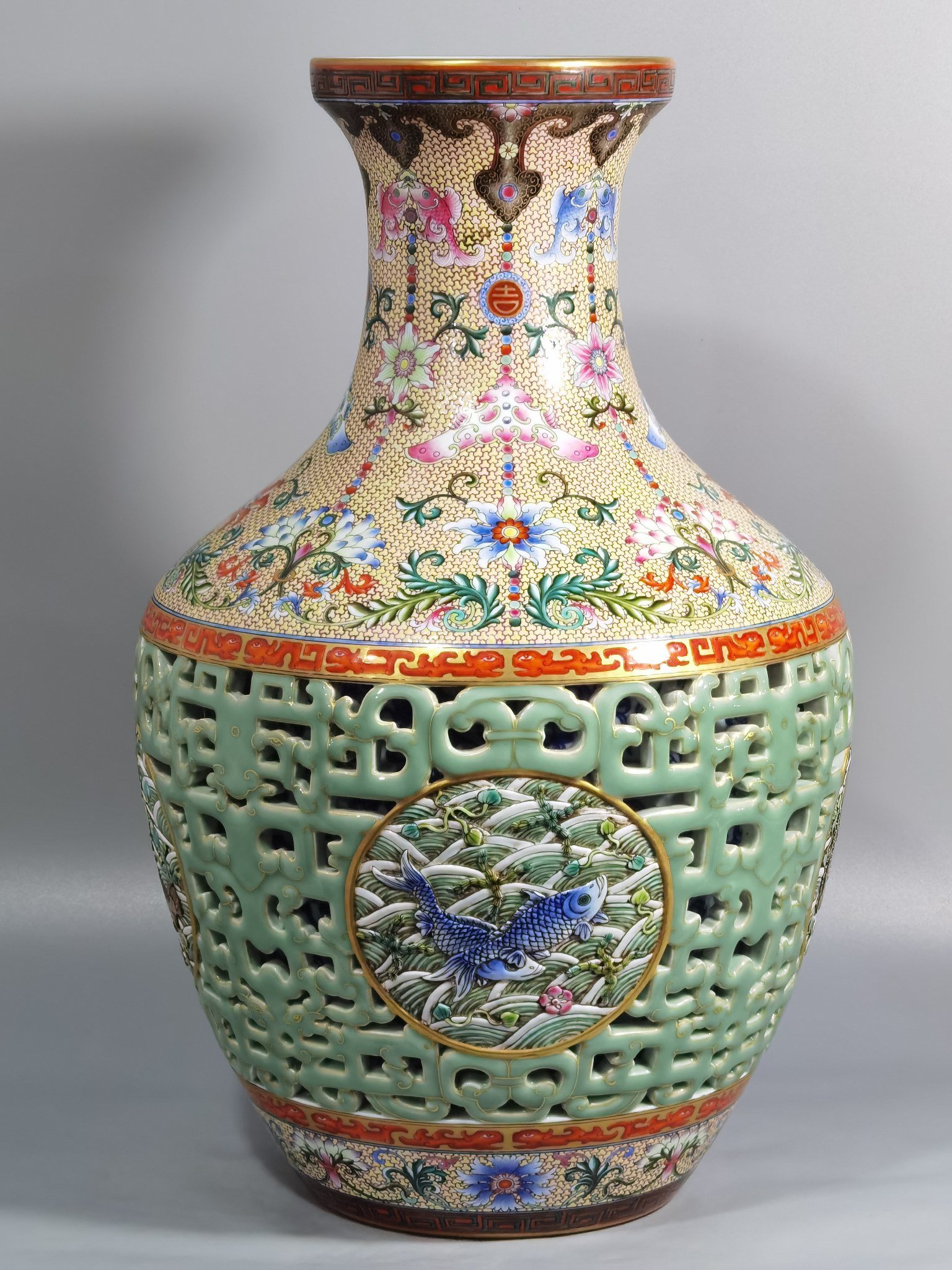 Qing Dynasty Qianlong Yangcai yellow ground vase