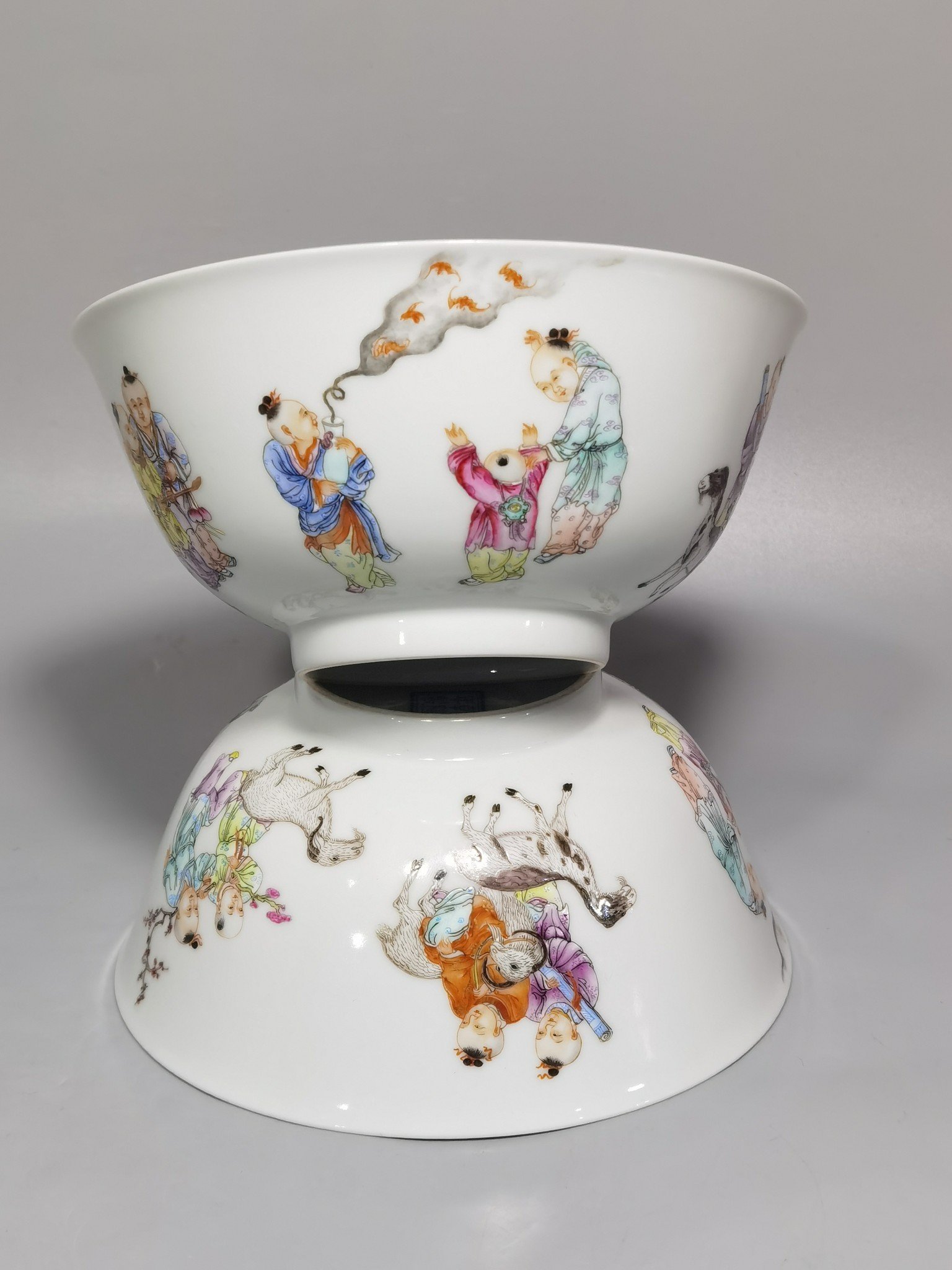 Qing Dynasty Qianlong pair of enamel baby playing bowl