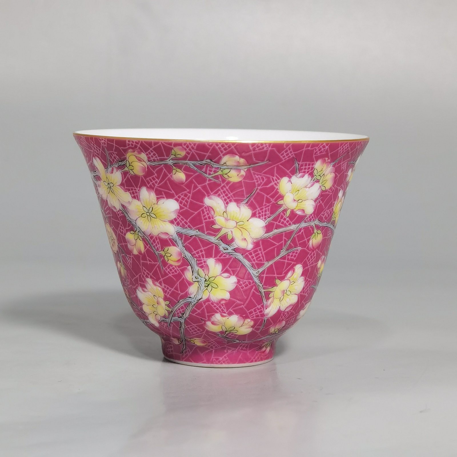 Qing Dynasty Qianlong pair of enamel carmine and rolled plum blossom cups