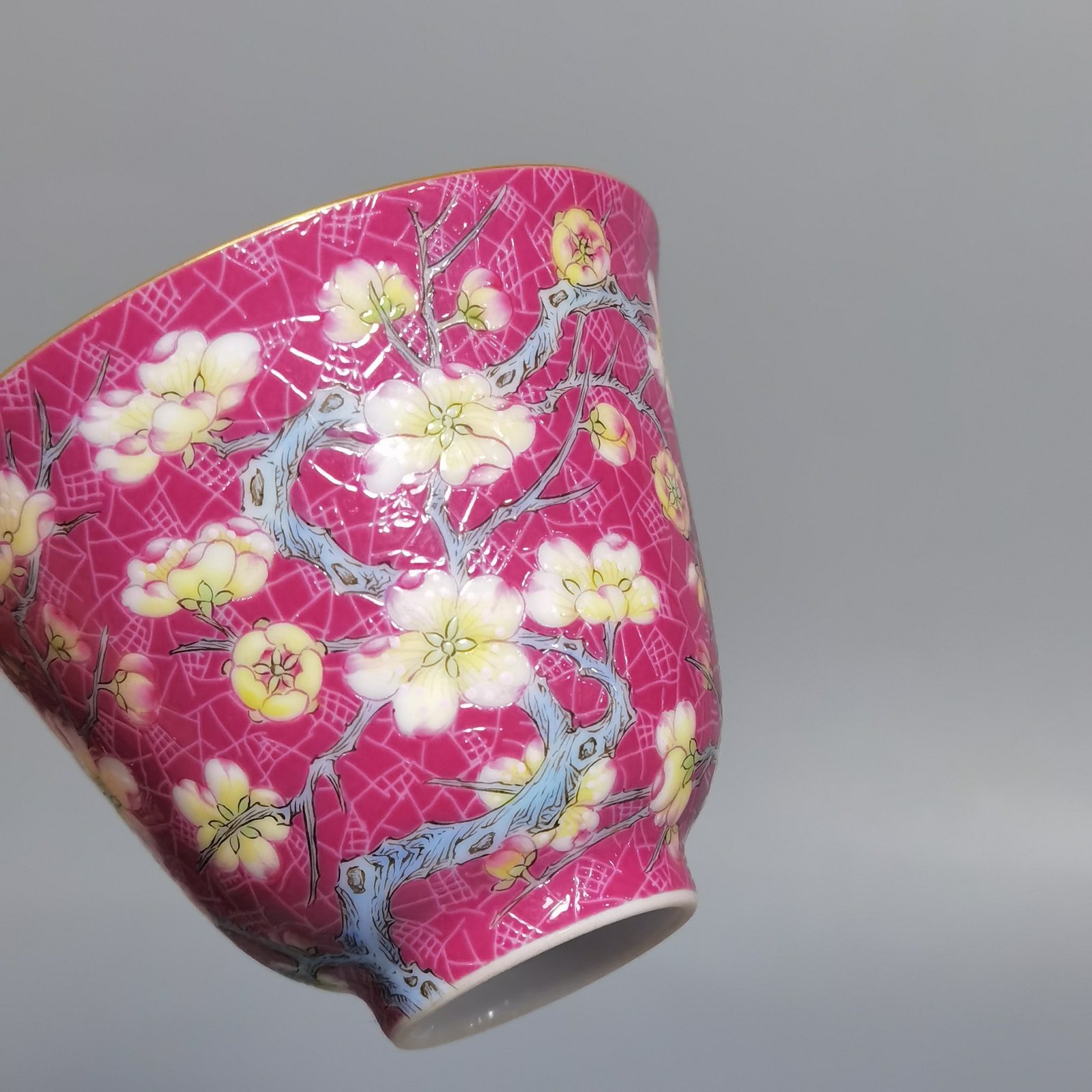 Qing Dynasty Qianlong pair of enamel carmine and rolled plum blossom cups