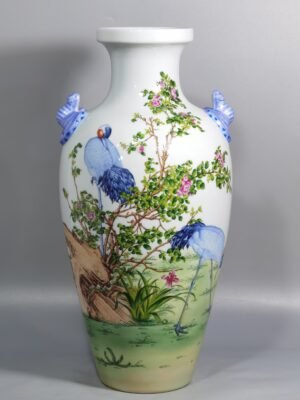 Qing Dynasty Qianlong pair of enamel Castiglione double-crane and flower-pattern bat-eared vases