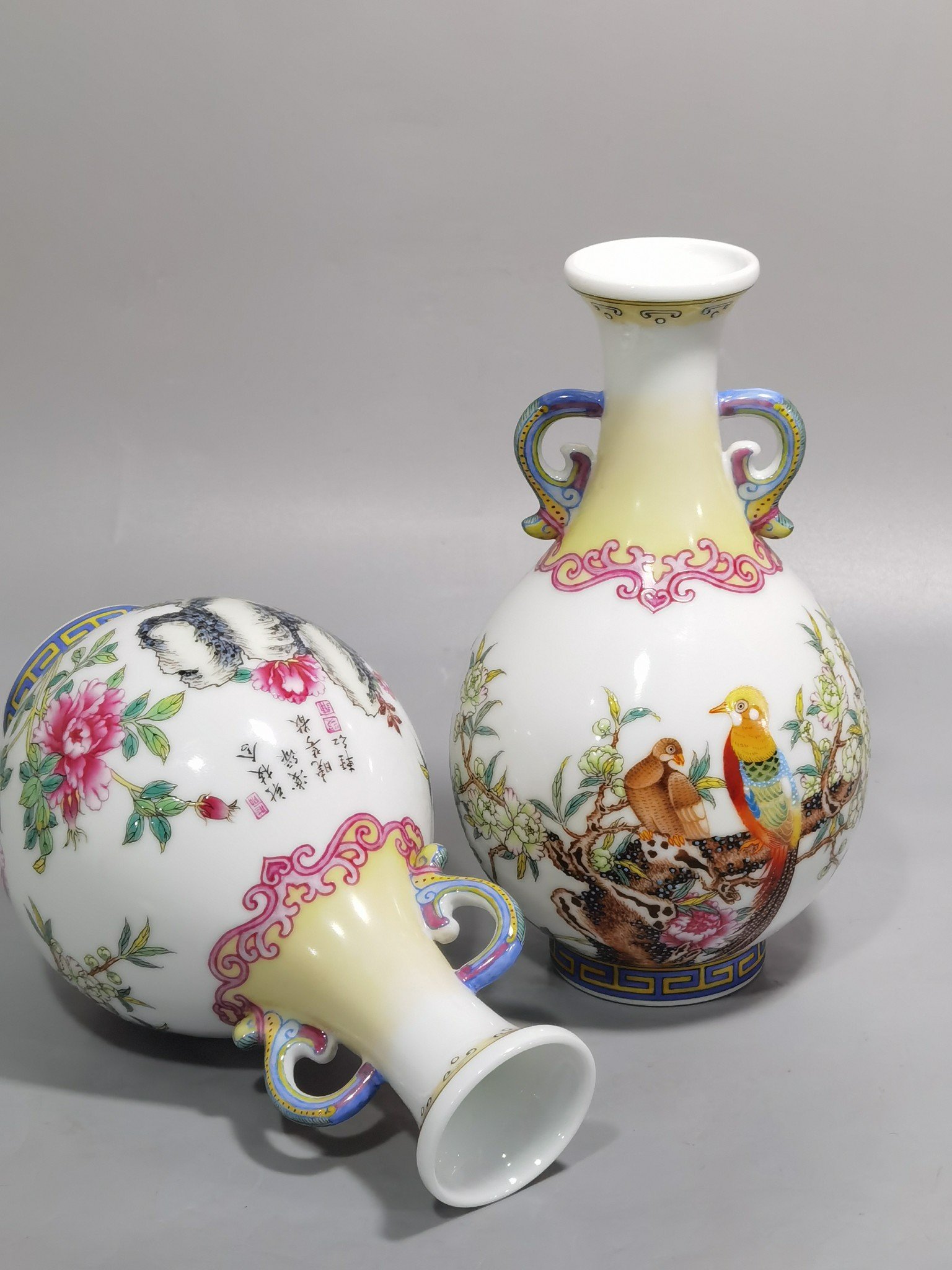 Qing Dynasty Qianlong pair of enamel golden pheasant and peony mphora