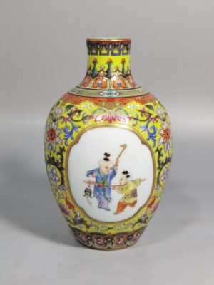 Qing Dynasty Qianlong enamel yellow ground consecrated baby play vase