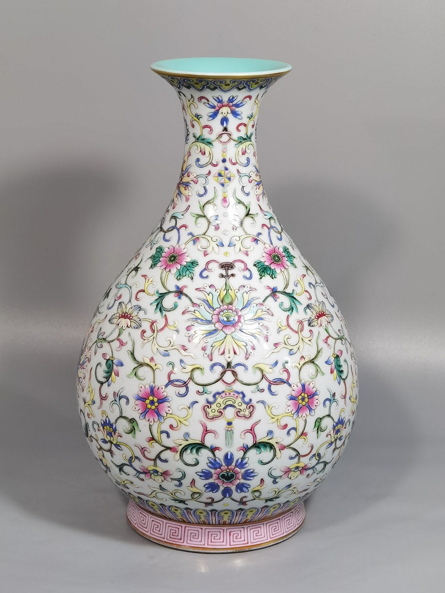 Qing Dynasty Qianlong white ground pastel color blessing and longevity lotus pattern jade pot
