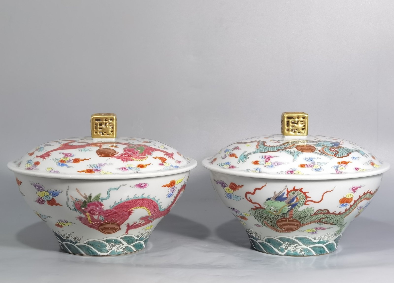 Qing Dynasty Qianlong pair of pastel clouds and dragons square button folding bowls