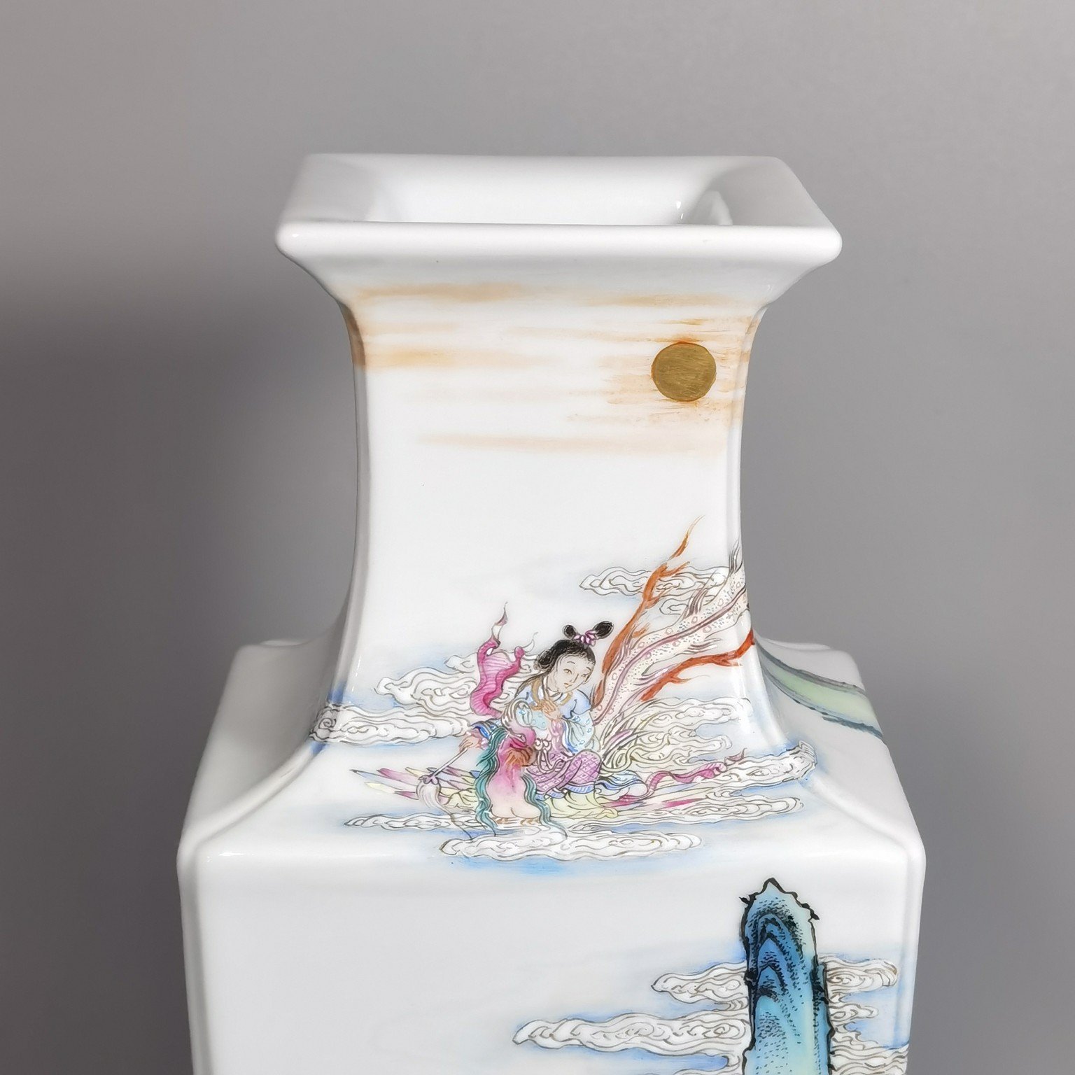 Qing Dynasty Qianlong Pastel Fairy and scape Square Vase
