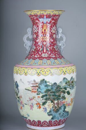 Qing Dynasty Qianlong famille rose flower s and dragon ears large vase