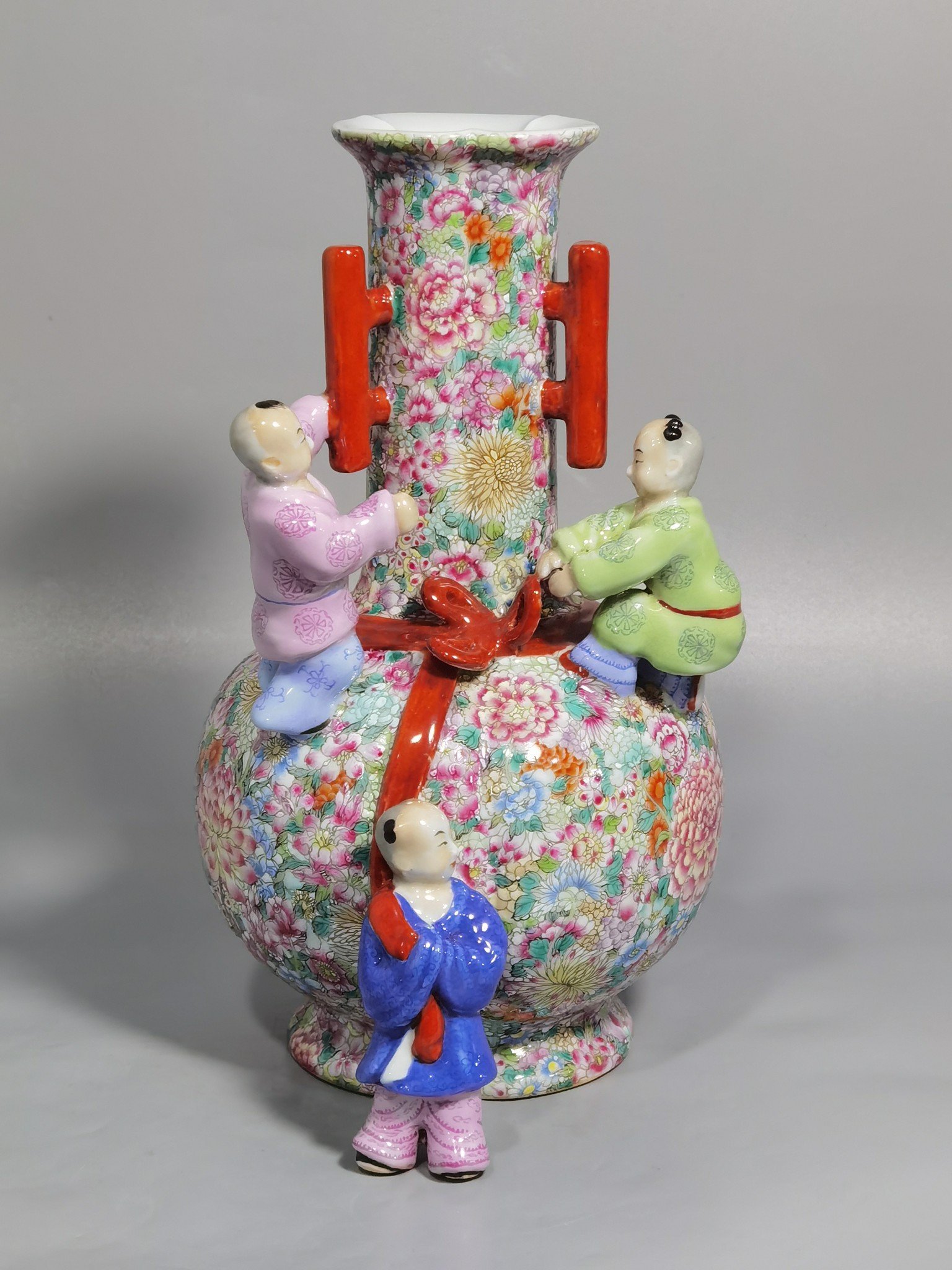 Qing Dynasty Qianlong famille rose color three-eared vase