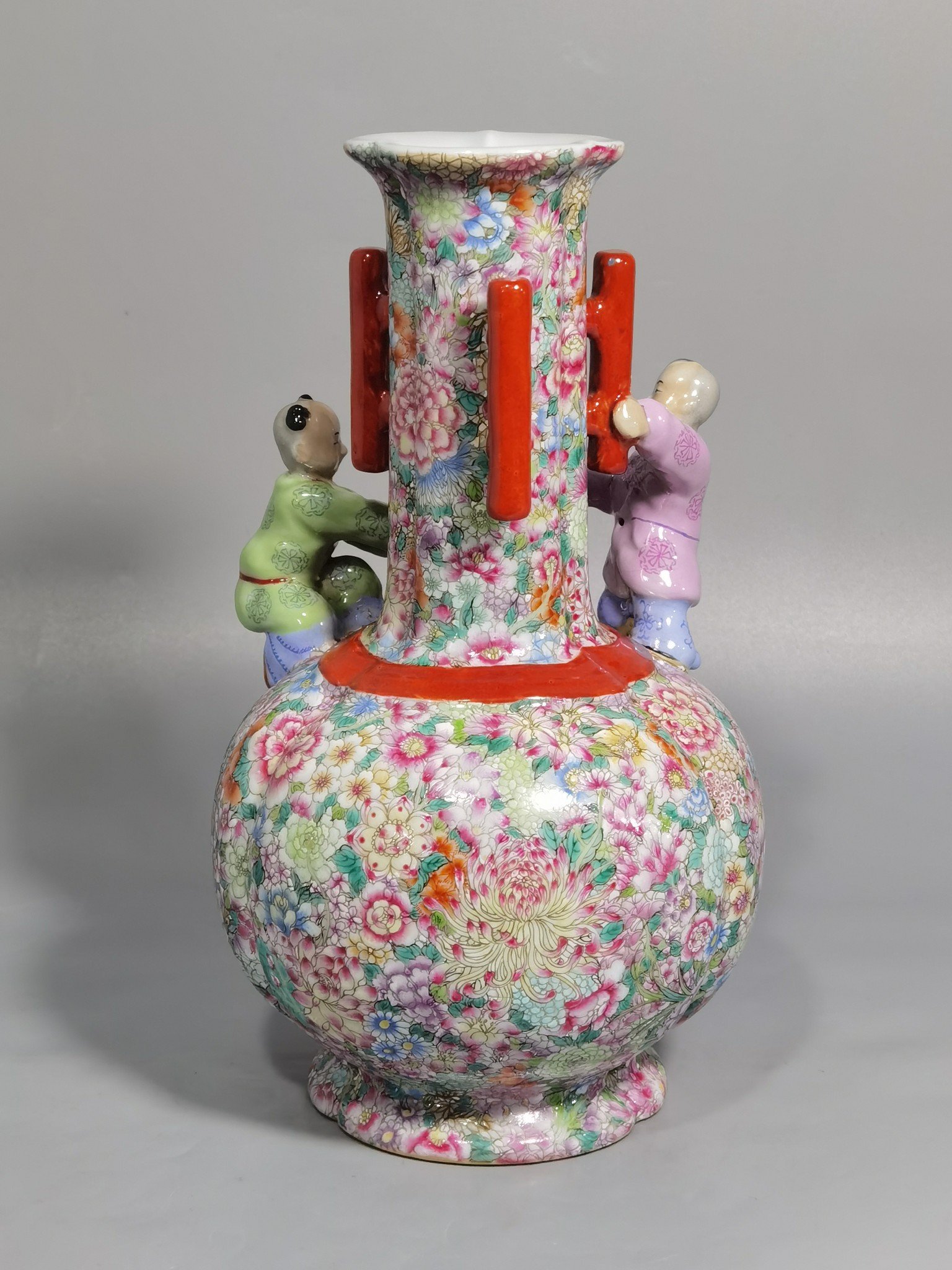 Qing Dynasty Qianlong famille rose color three-eared vase