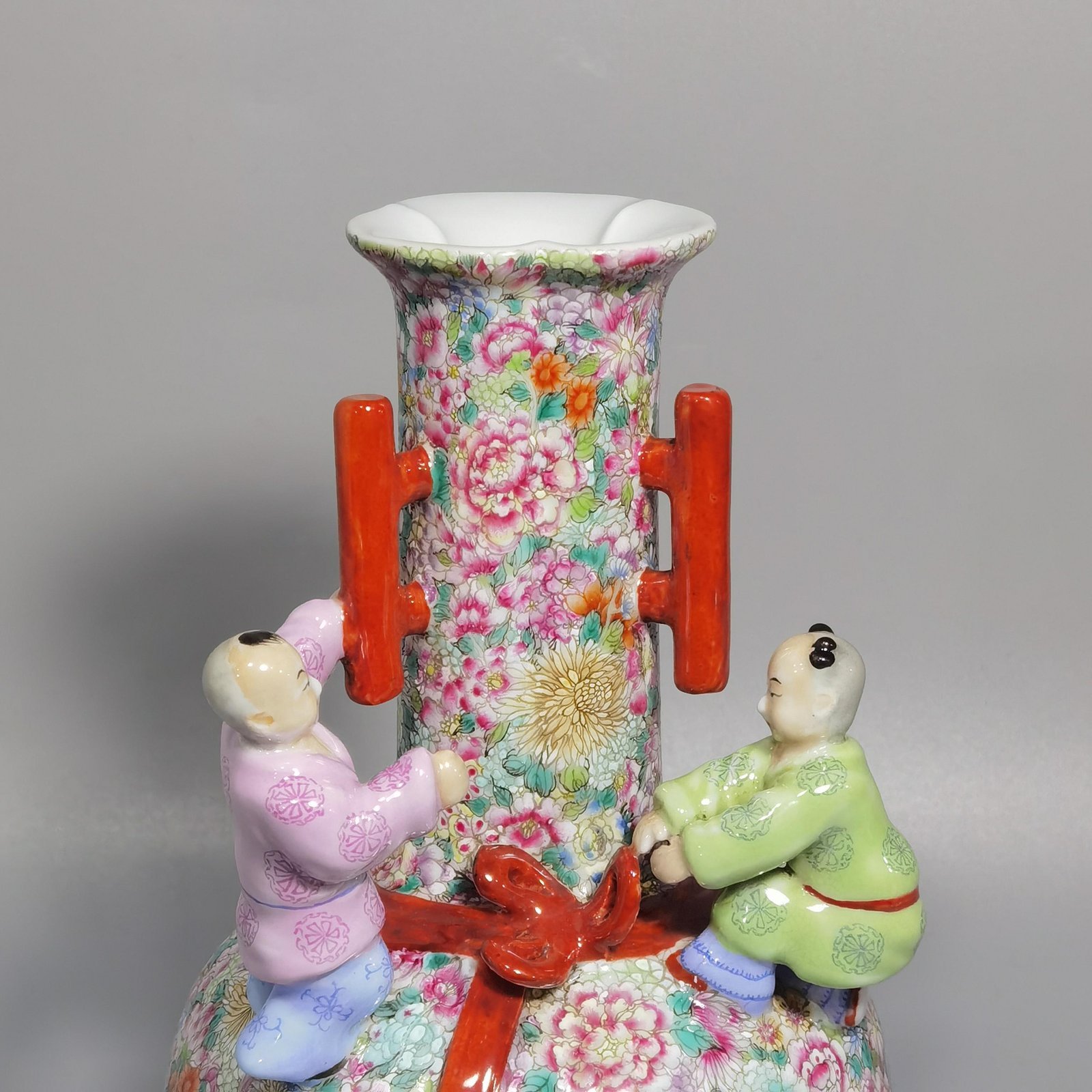 Qing Dynasty Qianlong famille rose color three-eared vase