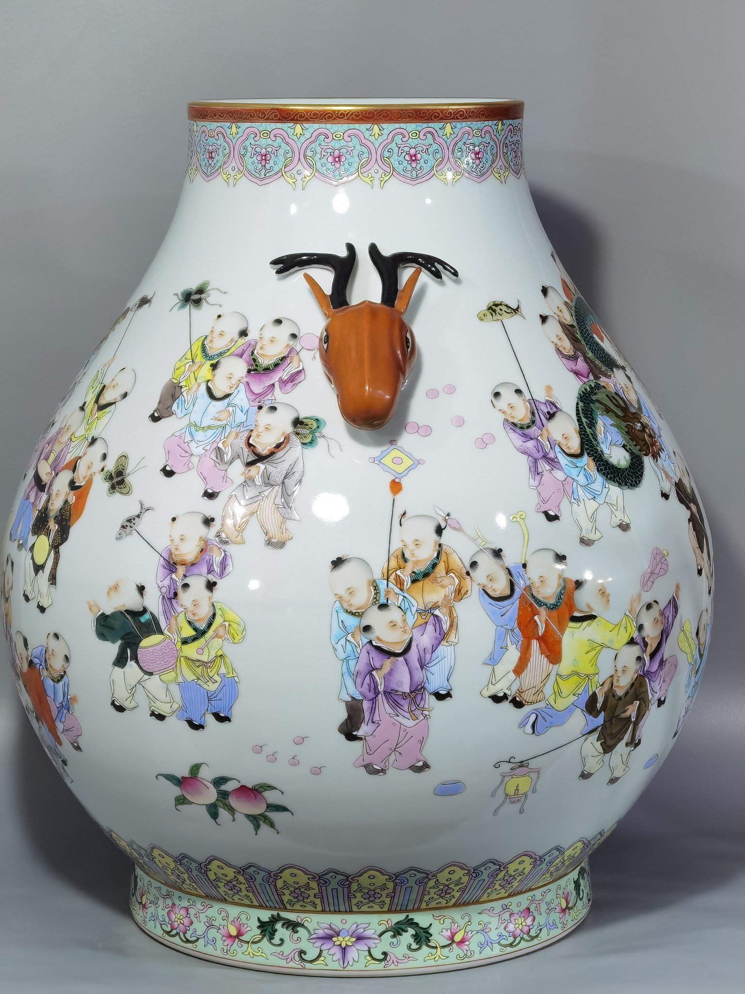 Qing Dynasty Qianlong pastel painting of hundred sons celebrating spring deer-headed vase