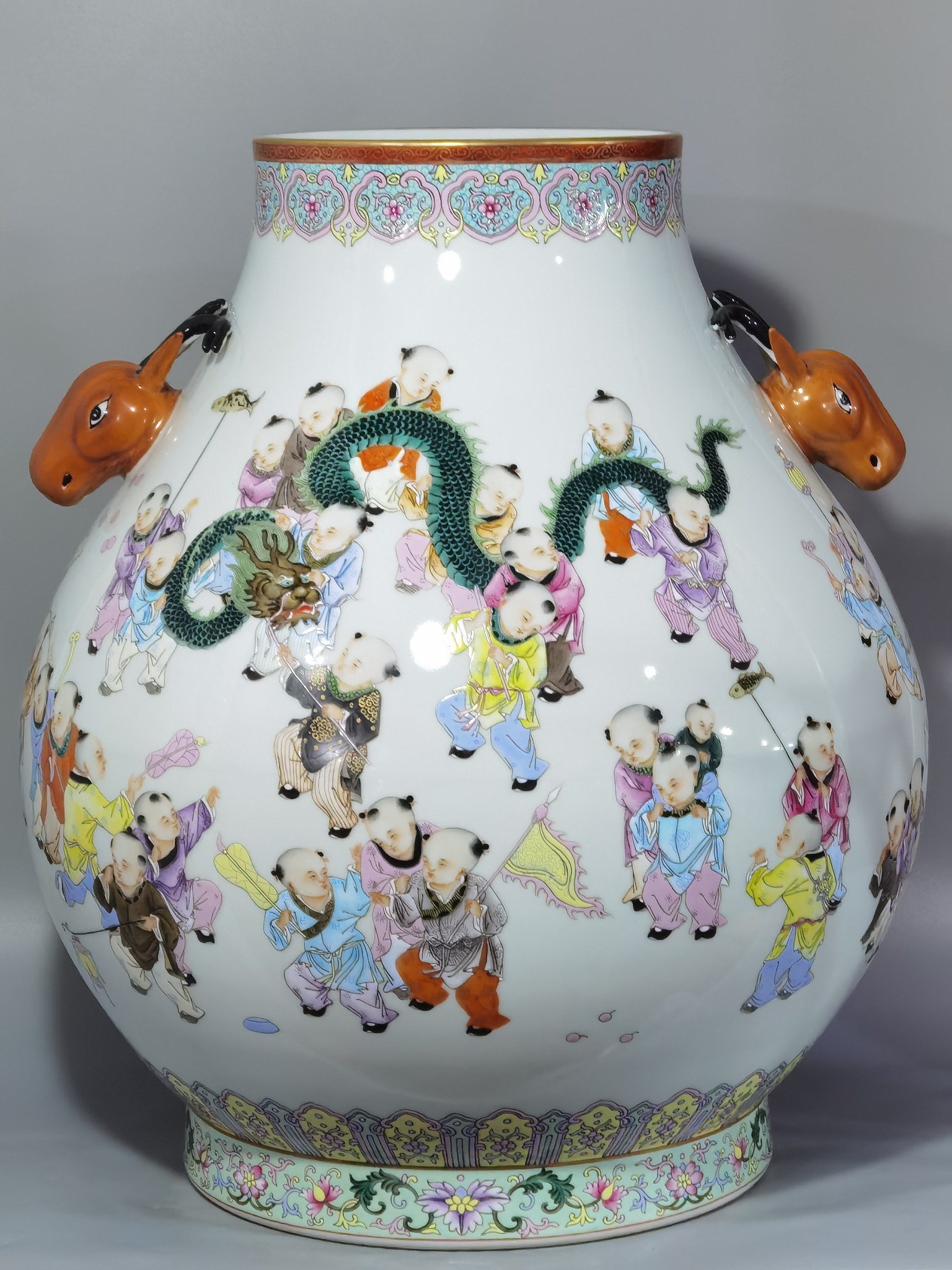 Qing Dynasty Qianlong pastel painting of hundred sons celebrating spring deer-headed vase