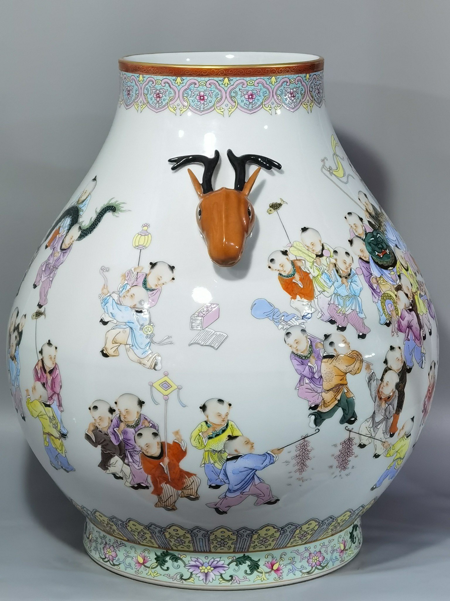 Qing Dynasty Qianlong pastel painting of hundred sons celebrating spring deer-headed vase
