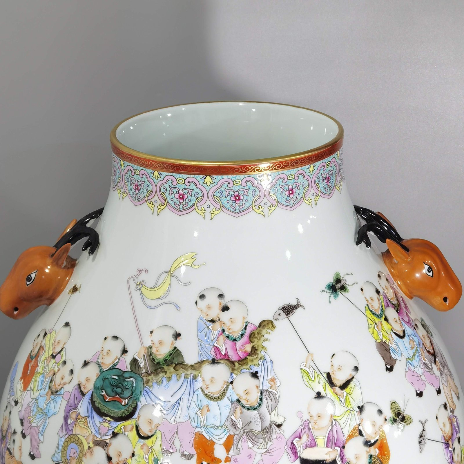 Qing Dynasty Qianlong pastel painting of hundred sons celebrating spring deer-headed vase