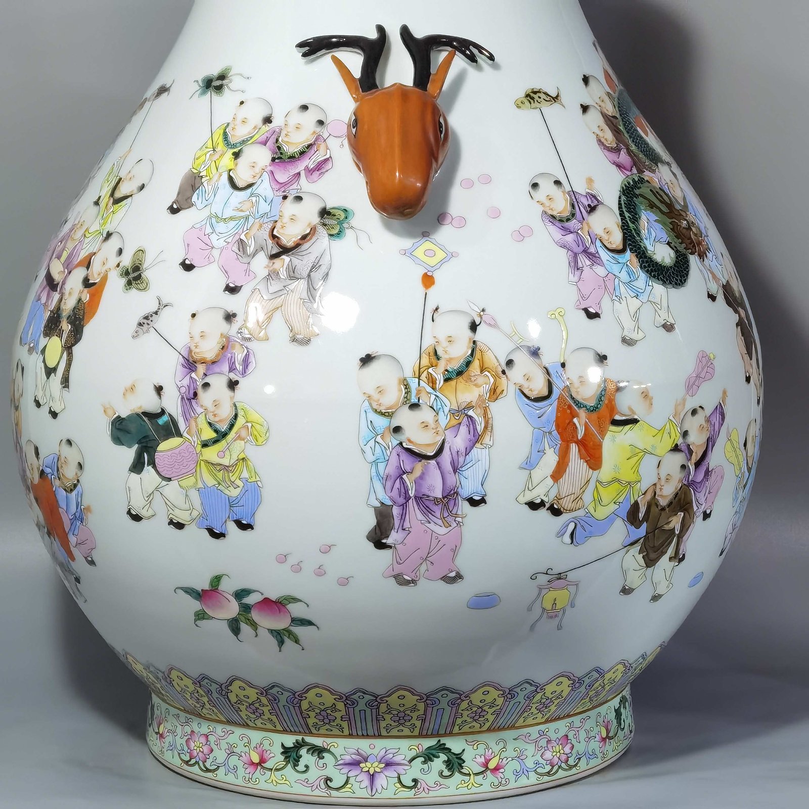 Qing Dynasty Qianlong pastel painting of hundred sons celebrating spring deer-headed vase
