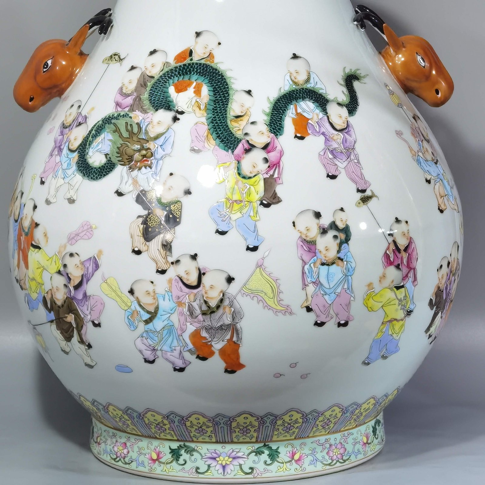 Qing Dynasty Qianlong pastel painting of hundred sons celebrating spring deer-headed vase