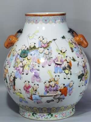 Qing Dynasty Qianlong pastel painting of hundred sons celebrating spring deer-headed vase